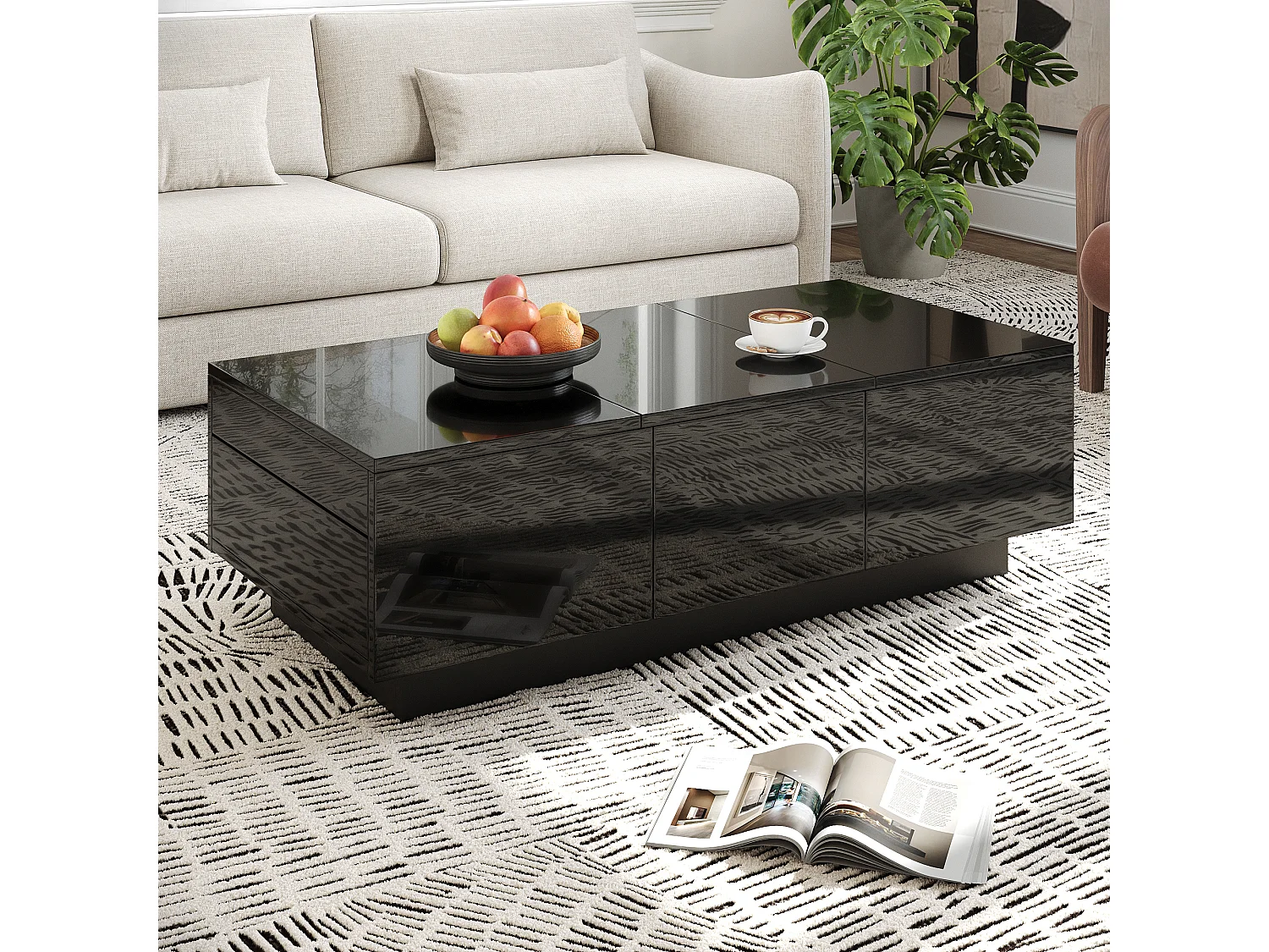 Hochglanzlackierter Couchtisch mit Schubladen und Schiebefach – 100 x 50 x 31 cm – Spanplatte – schwarz
