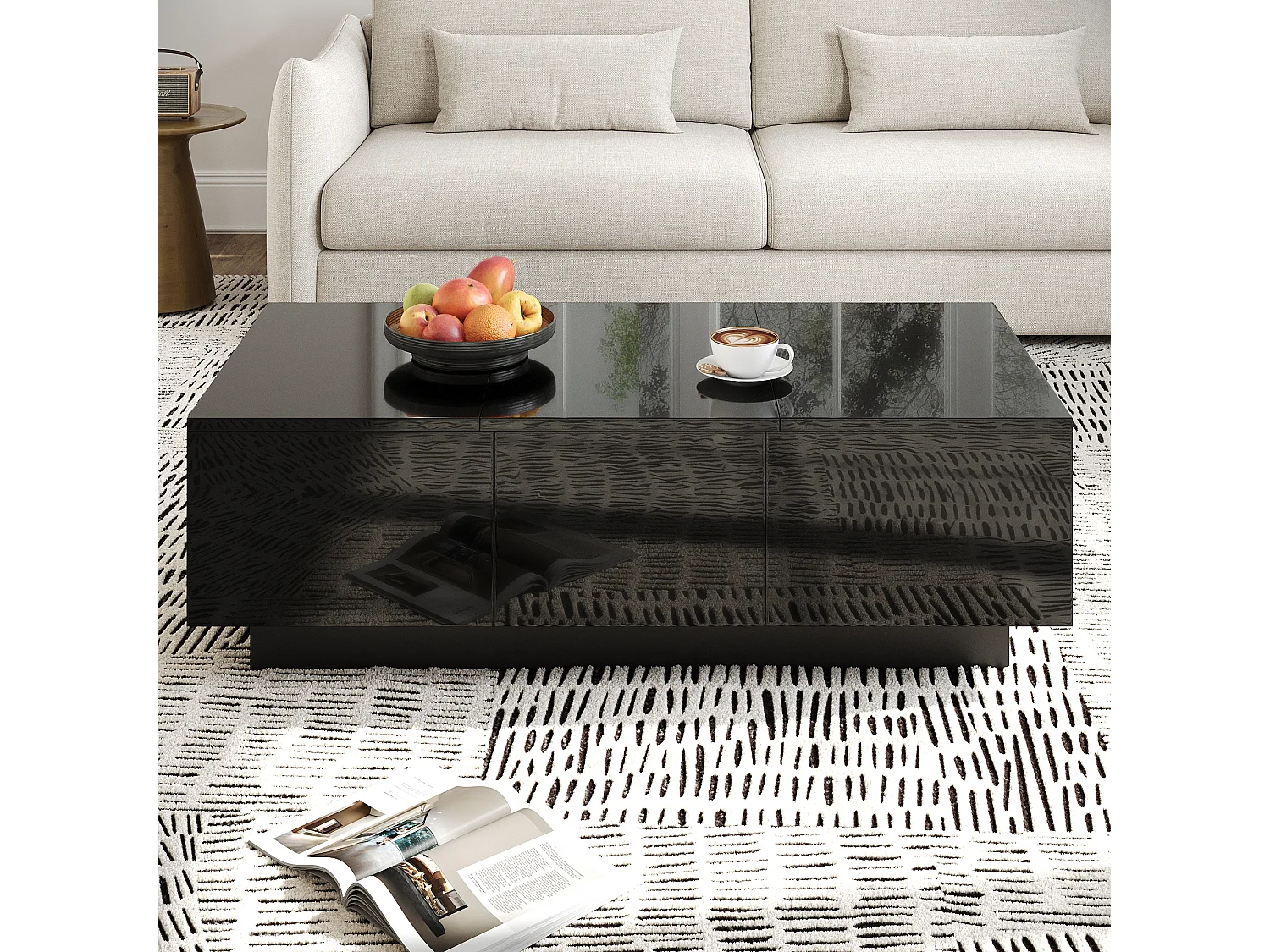 Hochglanzlackierter Couchtisch mit Schubladen und Schiebefach – 100 x 50 x 31 cm – Spanplatte – schwarz