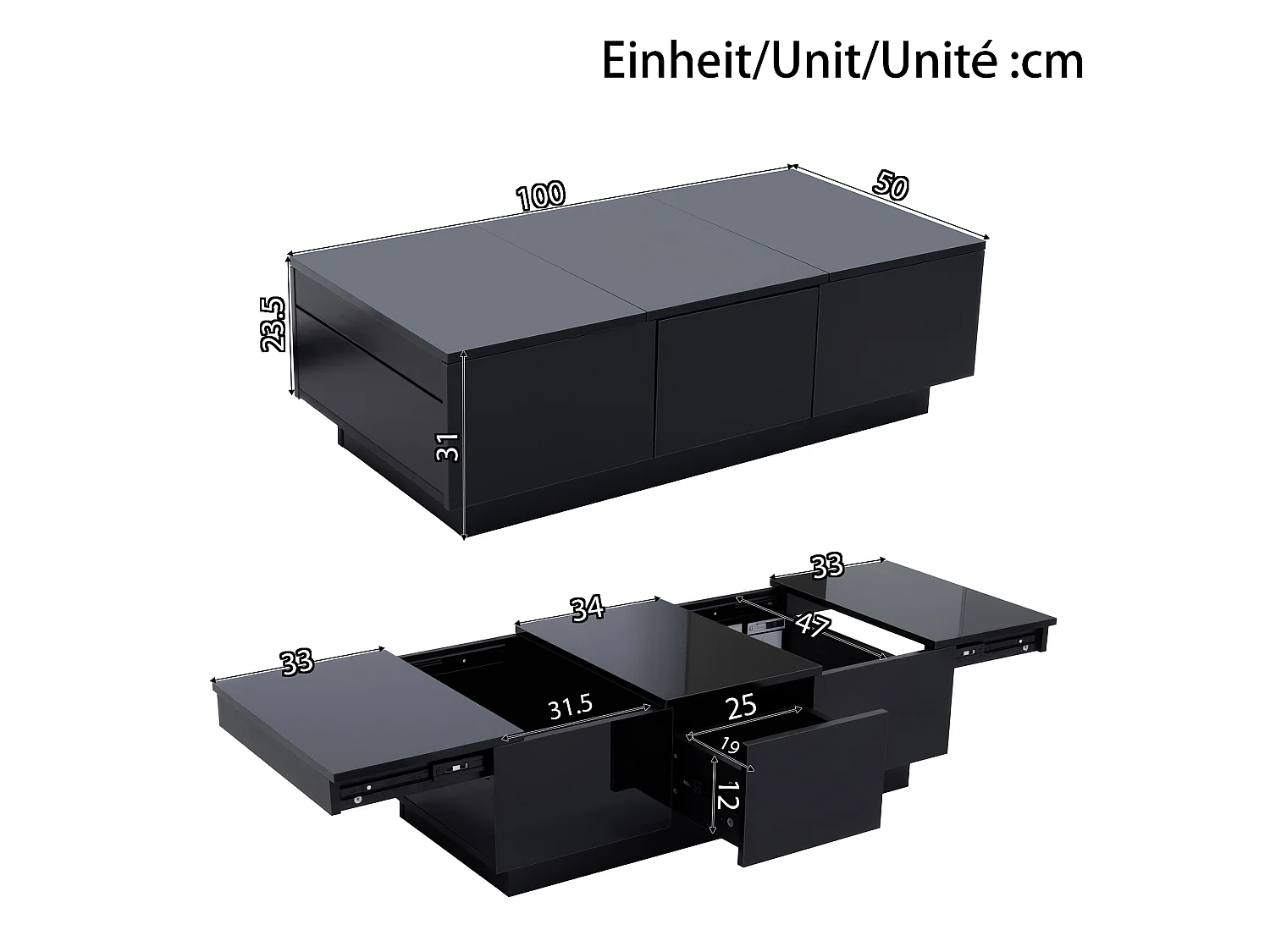 Hochglanzlackierter Couchtisch mit Schubladen und Schiebefach – 100 x 50 x 31 cm – Spanplatte – schwarz