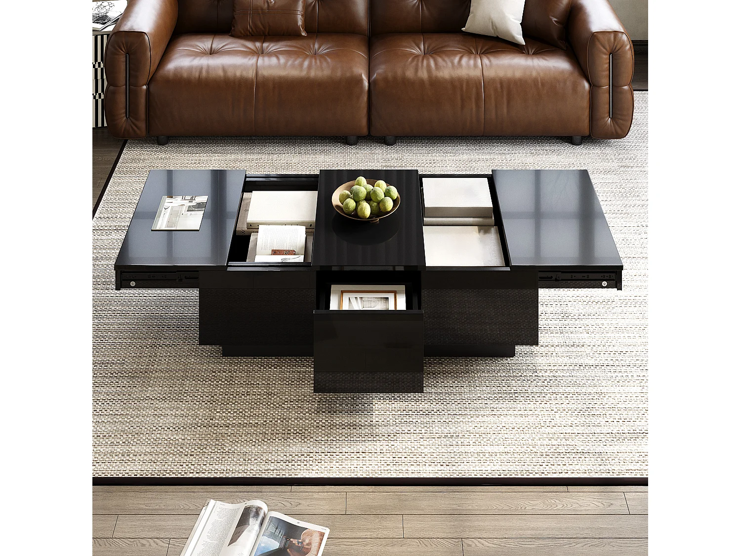 Hochglanzlackierter Couchtisch mit Schubladen und Schiebefach – 100 x 50 x 31 cm – Spanplatte – schwarz