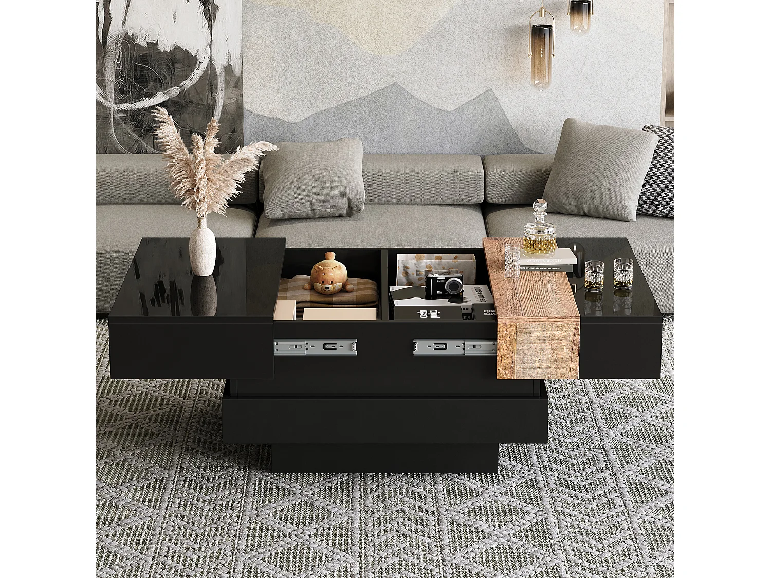 Tavolino da salotto laccato lucido - 70 x 70 x 39 cm - allungabile e con vano portaoggetti nascosto - MDF - nero