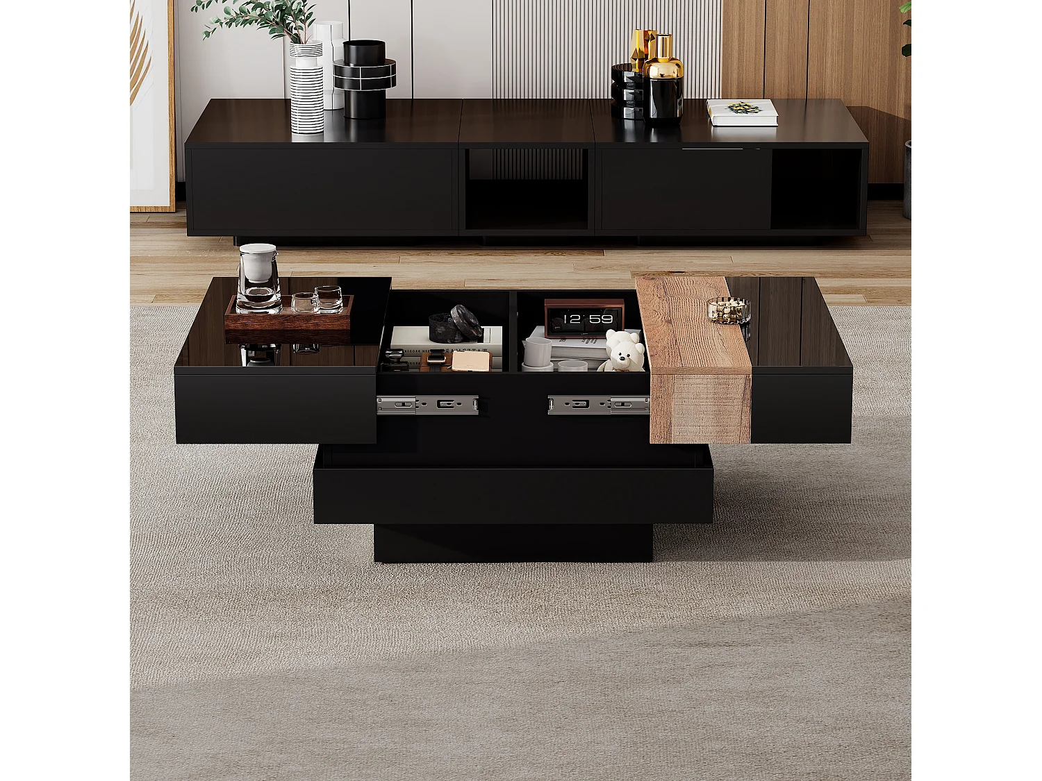 Tavolino da salotto laccato lucido - 70 x 70 x 39 cm - allungabile e con vano portaoggetti nascosto - MDF - nero