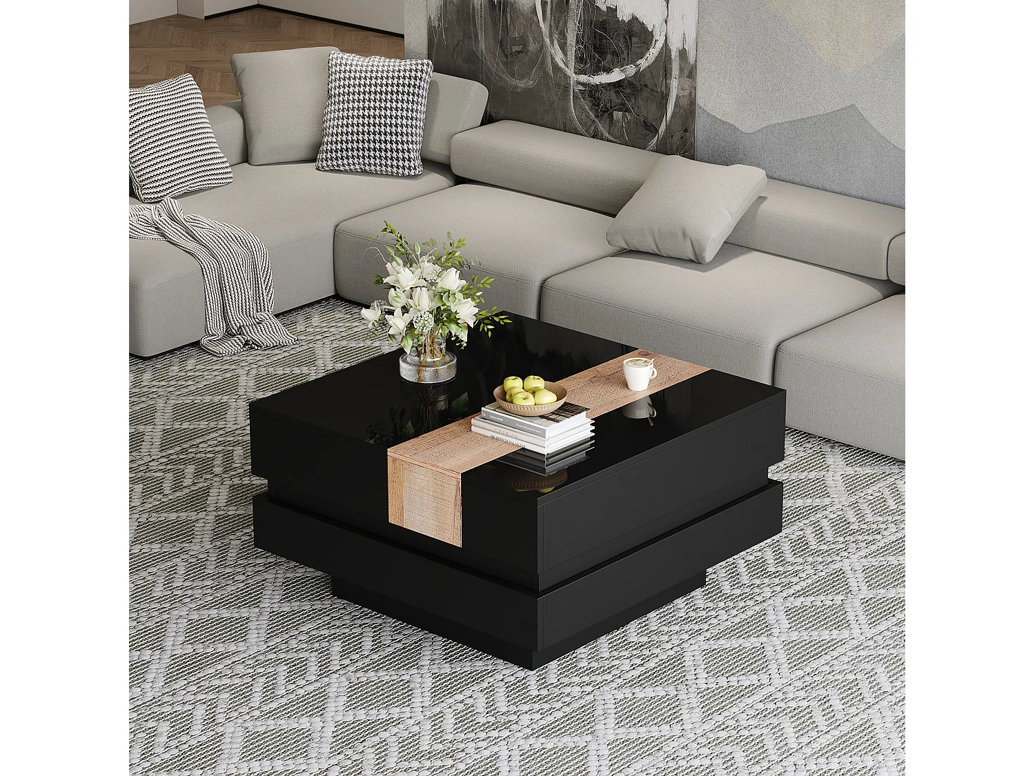 Tavolino da salotto laccato lucido - 70 x 70 x 39 cm - allungabile e con vano portaoggetti nascosto - MDF - nero