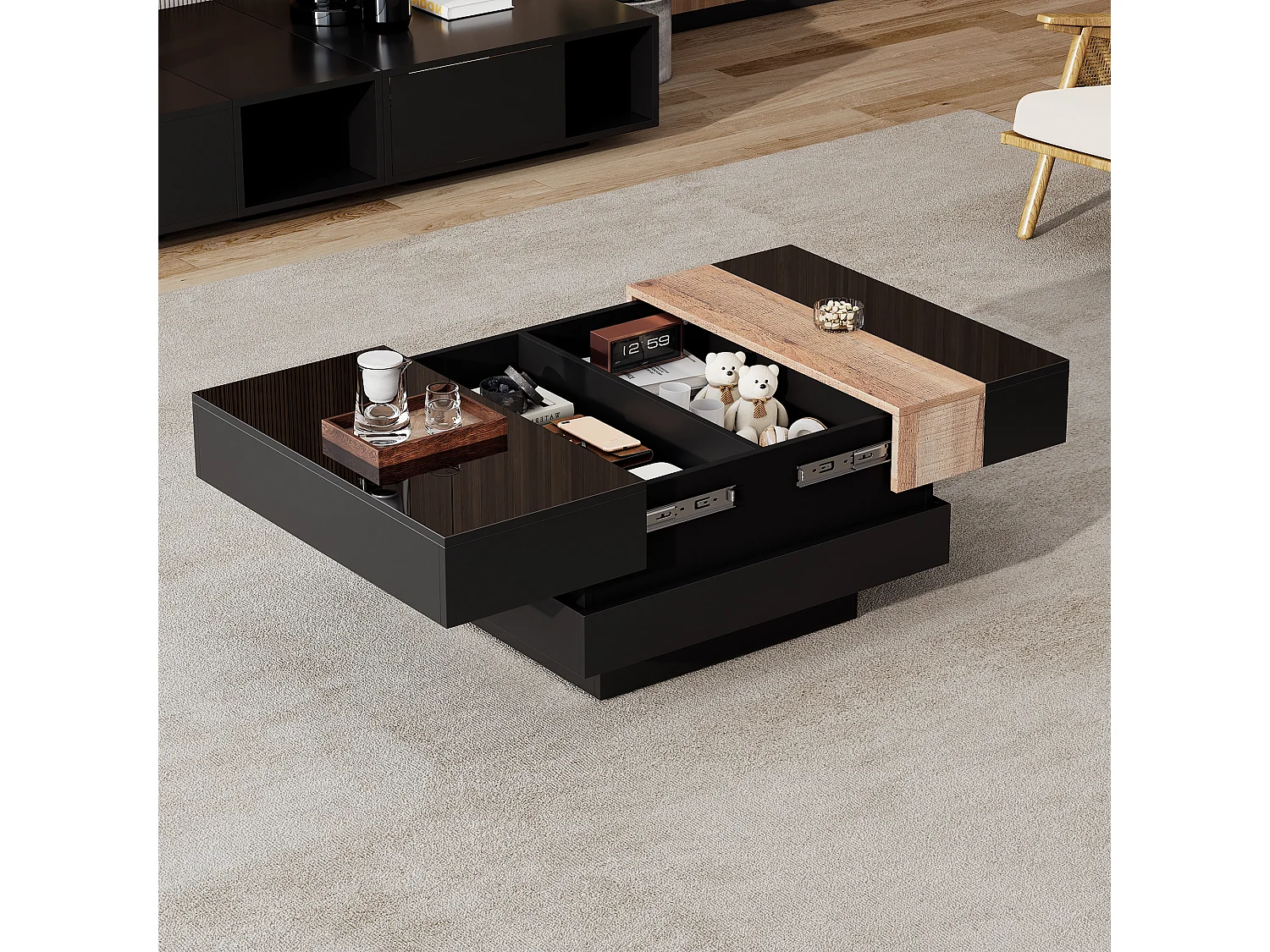 Tavolino da salotto laccato lucido - 70 x 70 x 39 cm - allungabile e con vano portaoggetti nascosto - MDF - nero