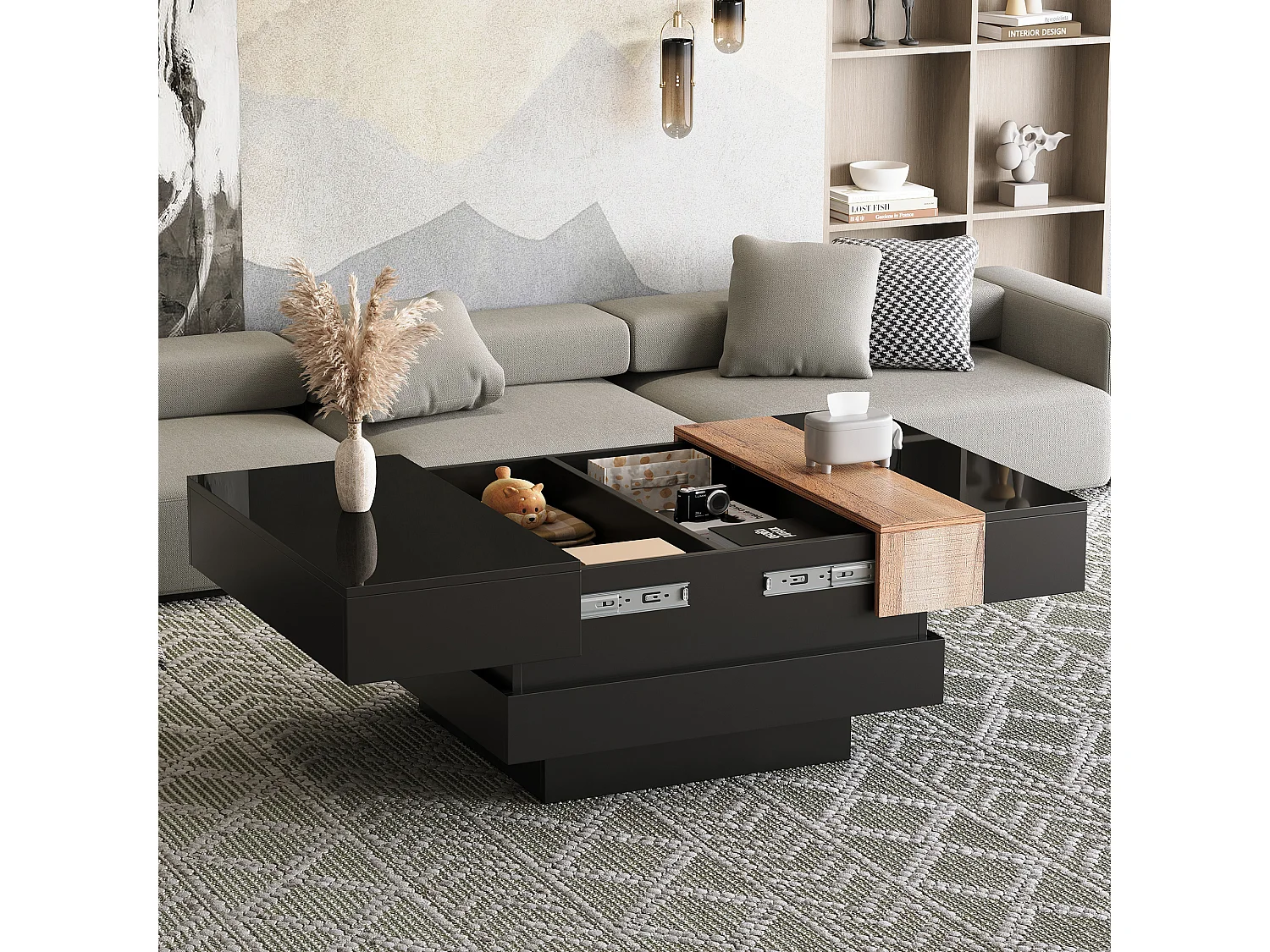 Tavolino da salotto laccato lucido - 70 x 70 x 39 cm - allungabile e con vano portaoggetti nascosto - MDF - nero