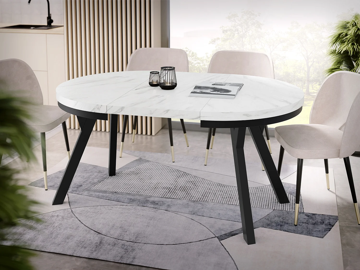 Table à Manger Extensible Ronde Designer - Style Loft, Peu Encombrant -  Pieds Noirs - 100 à 150 cm - Pour 5-8 personnes - Fabriqué en UE - Marbre Blanc - 150 cm