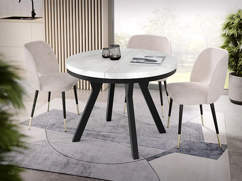 Table à Manger Extensible Ronde Designer - Style Loft, Peu Encombrant -  Pieds Noirs - 100 à 150 cm - Pour 5-8 personnes - Fabriqué en UE - Marbre Blanc - 150 cm