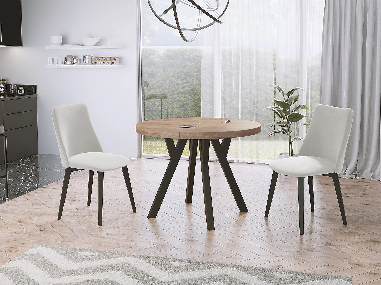 Designer Runder Ausziehbarer Esstisch - Loft-Stil, Platzsparend - Schwarze Beine - 90 bis 170 cm - für 4-8 Personen - Hergestellt in EU - Sonoma Eiche - 170 cm