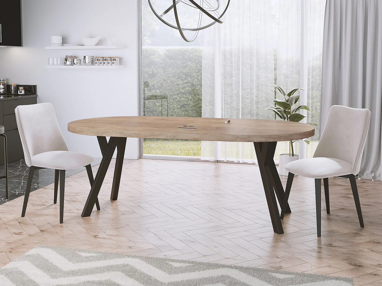 Designer Runder Ausziehbarer Esstisch - Loft-Stil, Platzsparend - Schwarze Beine - 90 bis 170 cm - für 4-8 Personen - Hergestellt in EU - Sonoma Eiche - 170 cm