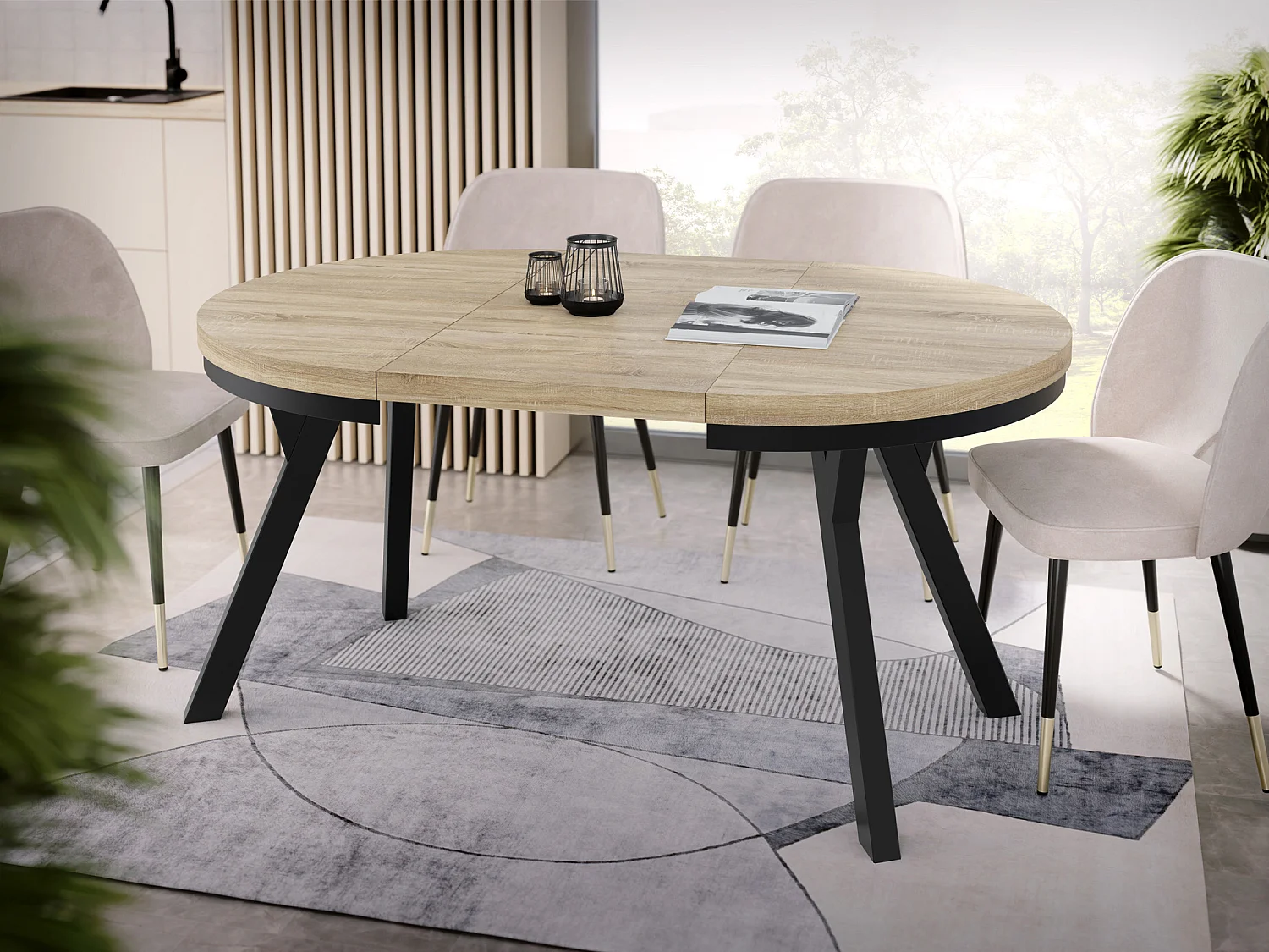 Table à Manger Extensible Ronde Designer - Style Loft, Peu Encombrant -  Pieds Noirs - 100 à 150 cm - Pour 5-8 personnes - Fabriqué en UE - Chêne Sonoma - 150 cm
