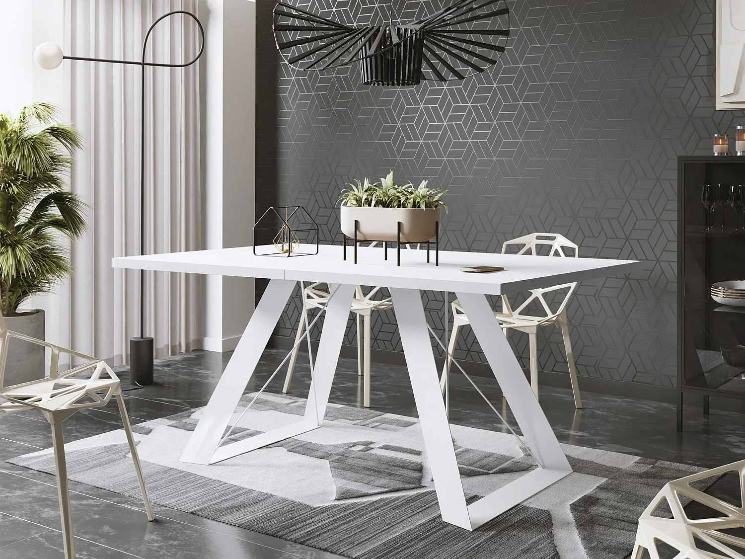 Table à Manger Rectangulaire Extensible avec Cadre Métallique Noir – Table Économiseuse d'Espace Style Loft pour Salon – Blanc avec Pieds Métalliques Noirs – 160...