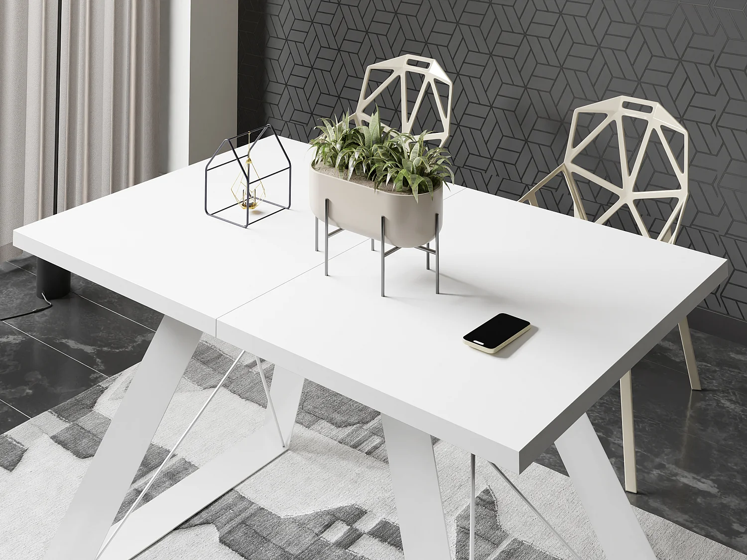 Table à Manger Rectangulaire Extensible avec Cadre Métallique Noir – Table Économiseuse d'Espace Style Loft pour Salon – Blanc avec Pieds Métalliques Noirs – 160...