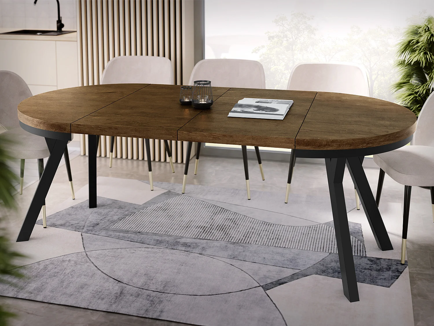 Table à Manger Extensible Ronde Designer - Style Loft, Peu Encombrant -  Pieds Noirs - 100 à 200 cm - Pour 5-10 personnes - Fabriqué en UE - Chêne Lefkas - 200 cm