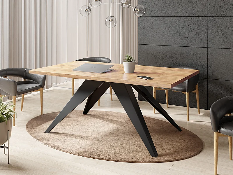 Table à Manger Vance Style Moderne - Table Rectangulaire Extensible de 140 à 240 cm, Pieds en Métal Noir Revêtement Poudre - 140 x 80 cm - Chêne Craft