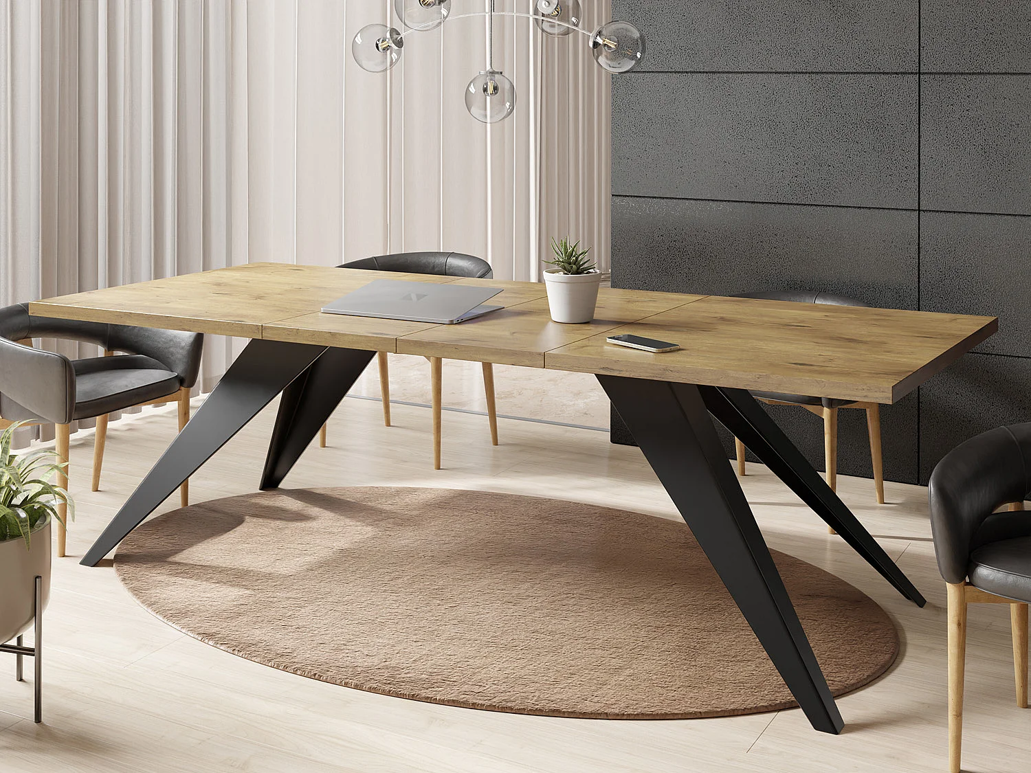 Table à Manger Vance Style Moderne - Table Rectangulaire Extensible de 140 à 240 cm, Pieds en Métal Noir Revêtement Poudre - 140 x 80 cm - Chêne Lancelot