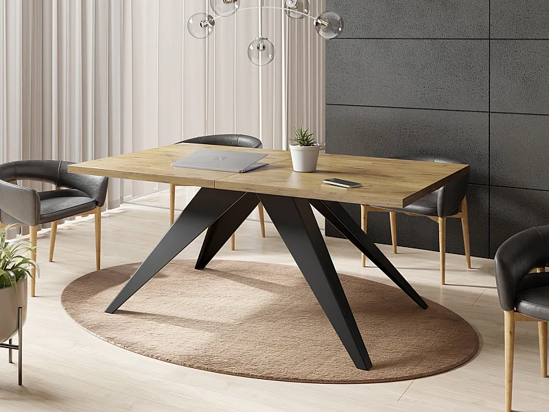 Table à Manger Vance Style Moderne - Table Rectangulaire Extensible de 140 à 240 cm, Pieds en Métal Noir Revêtement Poudre - 140 x 80 cm - Chêne Lancelot