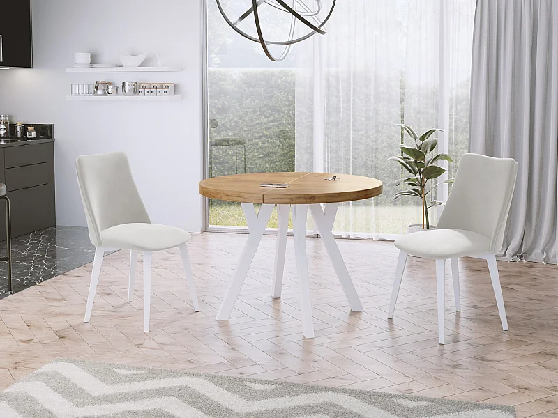 Table à Manger Extensible Ronde Designer - Style Loft, Peu Encombrant - Pieds Blanc - 100 à 150 cm - pour 5-8 personnes - Fabriqué en UE - Chêne Wotan - 150 cm