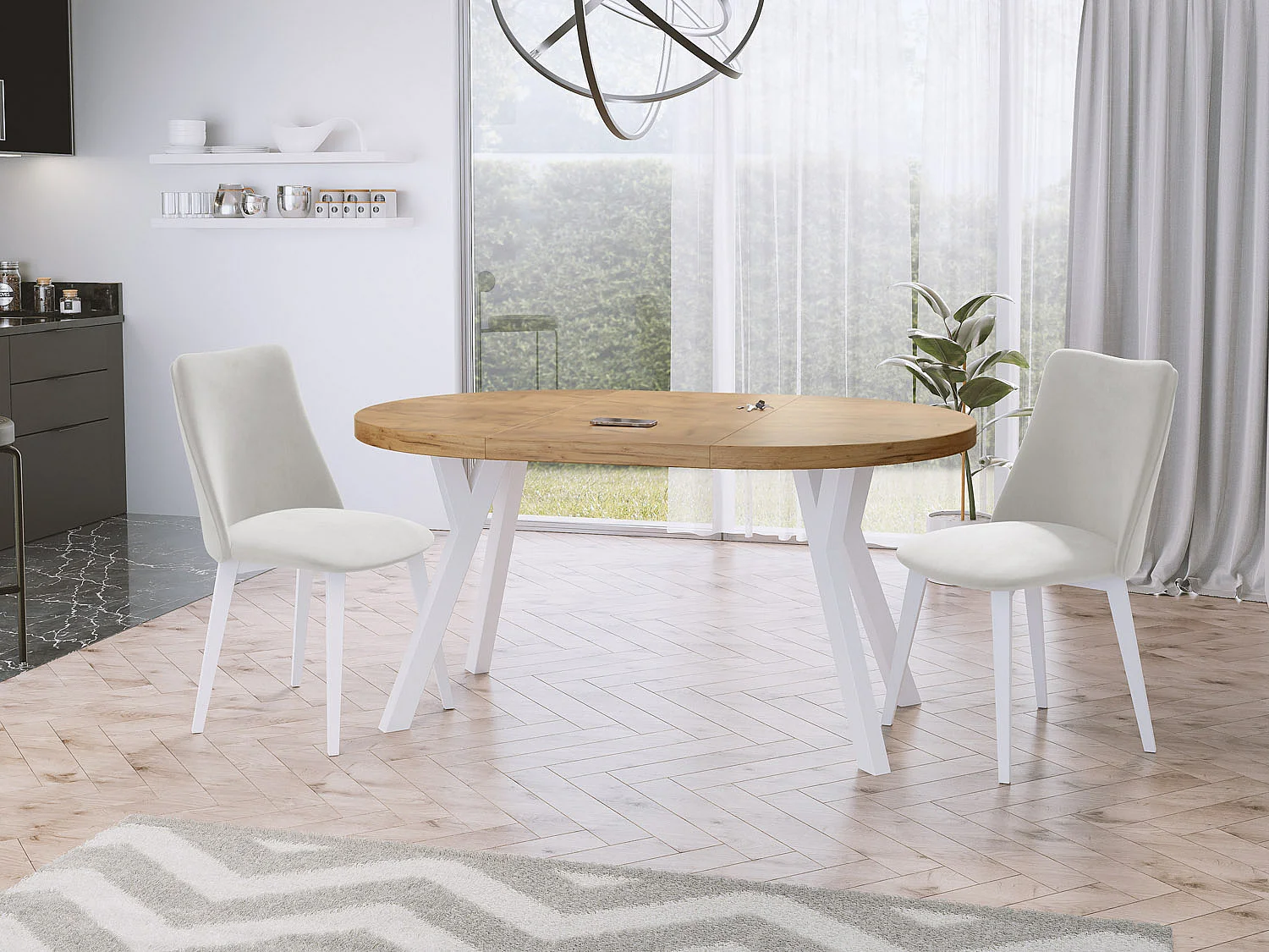 Table à Manger Extensible Ronde Designer - Style Loft, Peu Encombrant - Pieds Blanc - 100 à 150 cm - pour 5-8 personnes - Fabriqué en UE - Chêne Wotan - 150 cm