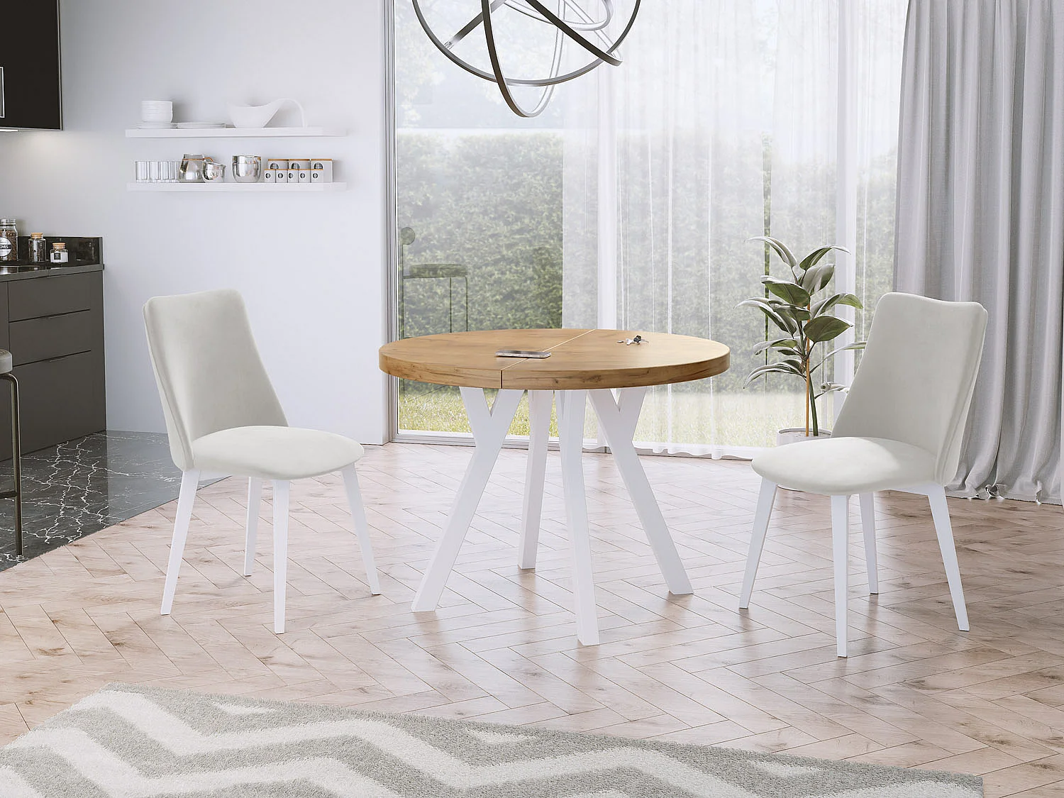 Table à Manger Extensible Ronde Designer - Style Loft, Peu Encombrant - Pieds Blanc - 100 à 150 cm - pour 5-8 personnes - Fabriqué en UE - Chêne Wotan - 150 cm