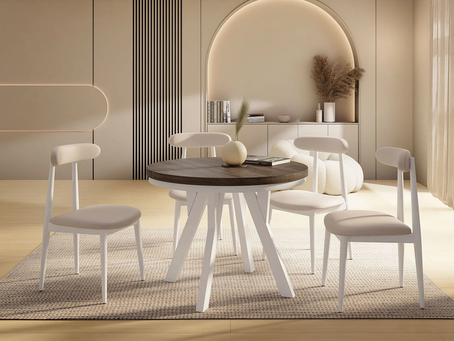 Table à Manger Extensible Ronde Designer – Style Loft, Peu Encombrant – Pieds en Bois Massif Blanc – Table Gain de Place 100 à 140 cm – Chêne Marron Foncé