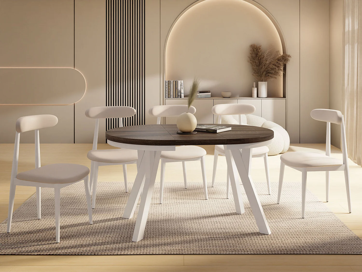 Table à Manger Extensible Ronde Designer – Style Loft, Peu Encombrant – Pieds en Bois Massif Blanc – Table Gain de Place 100 à 140 cm – Chêne Marron Foncé