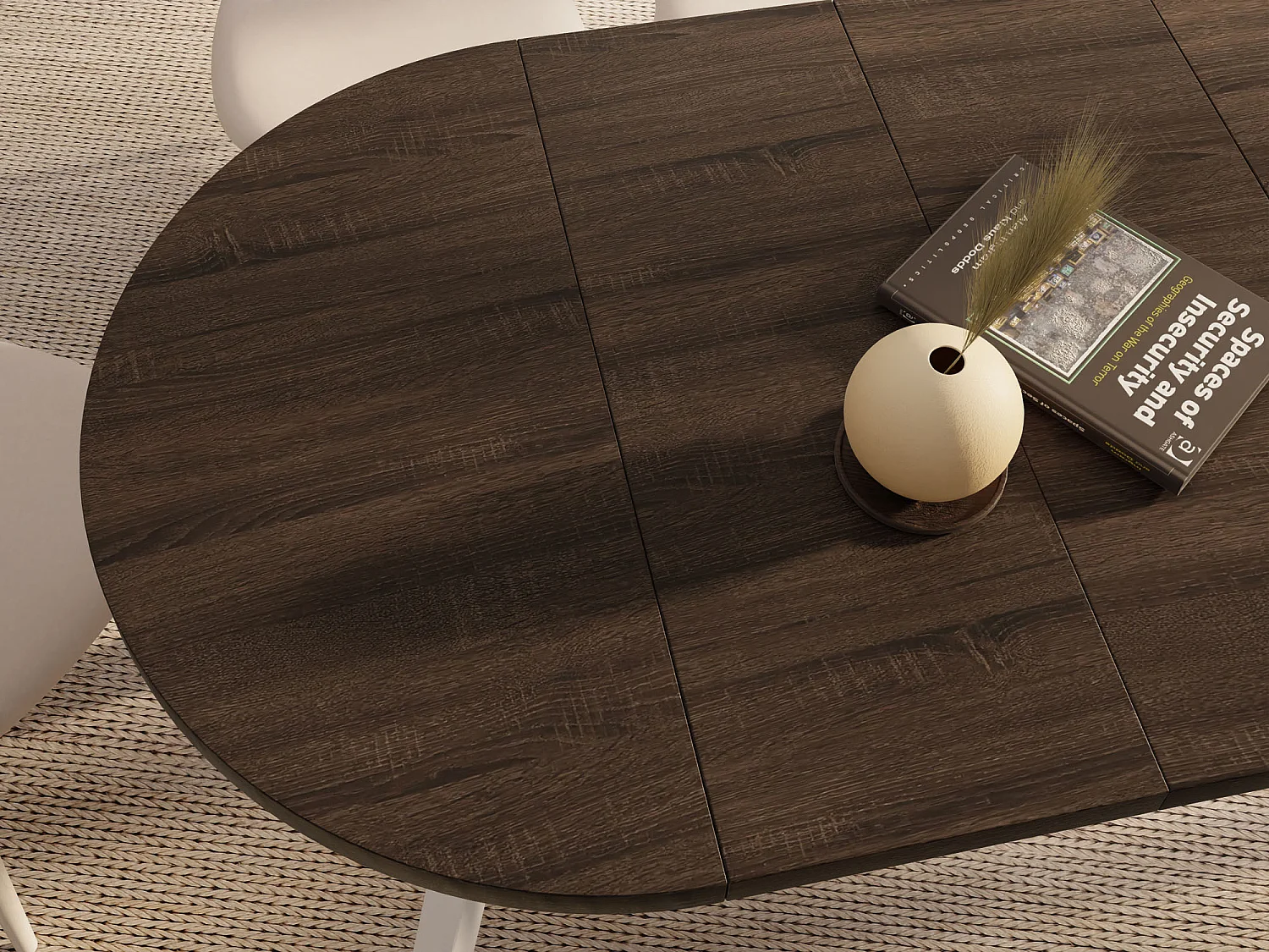 Table à Manger Extensible Ronde Designer – Style Loft, Peu Encombrant – Pieds en Bois Massif Blanc – Table Gain de Place 100 à 140 cm – Chêne Marron Foncé