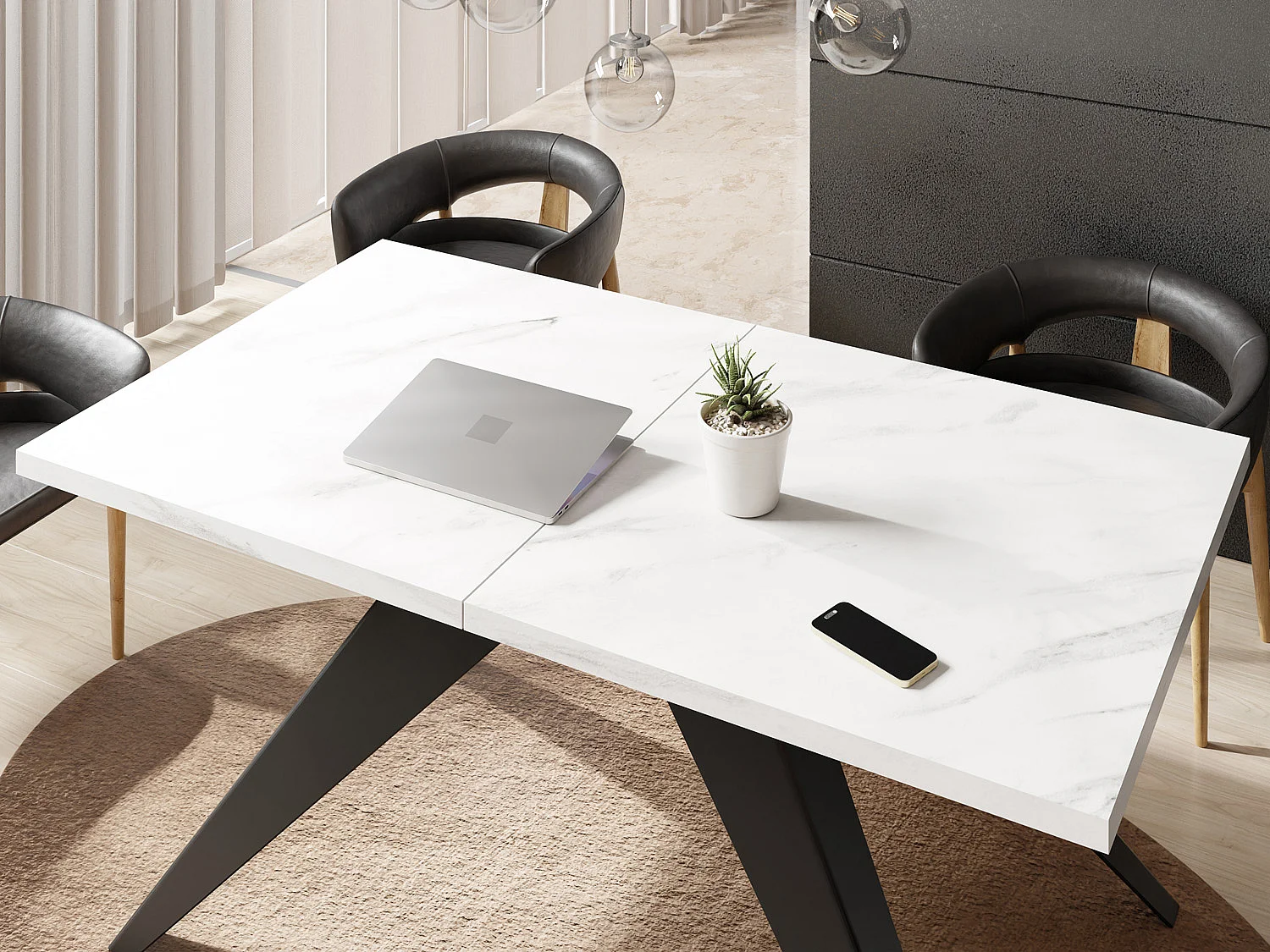 Table à Manger Vance Style Moderne - Table Rectangulaire Extensible de 160 à 260 cm, Pieds en Métal Noir Revêtement Poudre - 160 x 90 cm - Marbre Blanc