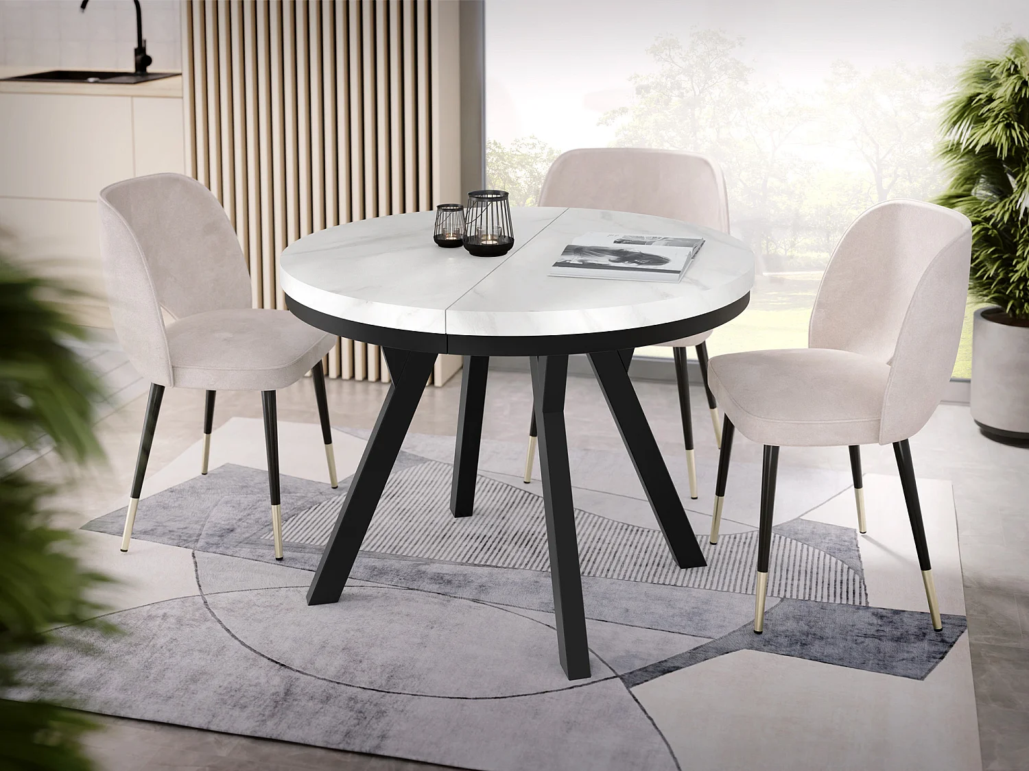 Table à Manger Ronde Extensible Designer - Style Loft, Peu Encombrant -  Pieds Noirs - 100 à 200 cm - Pour 5-10 personnes - Fabriqué en UE - Marbre Blanc - 200 cm