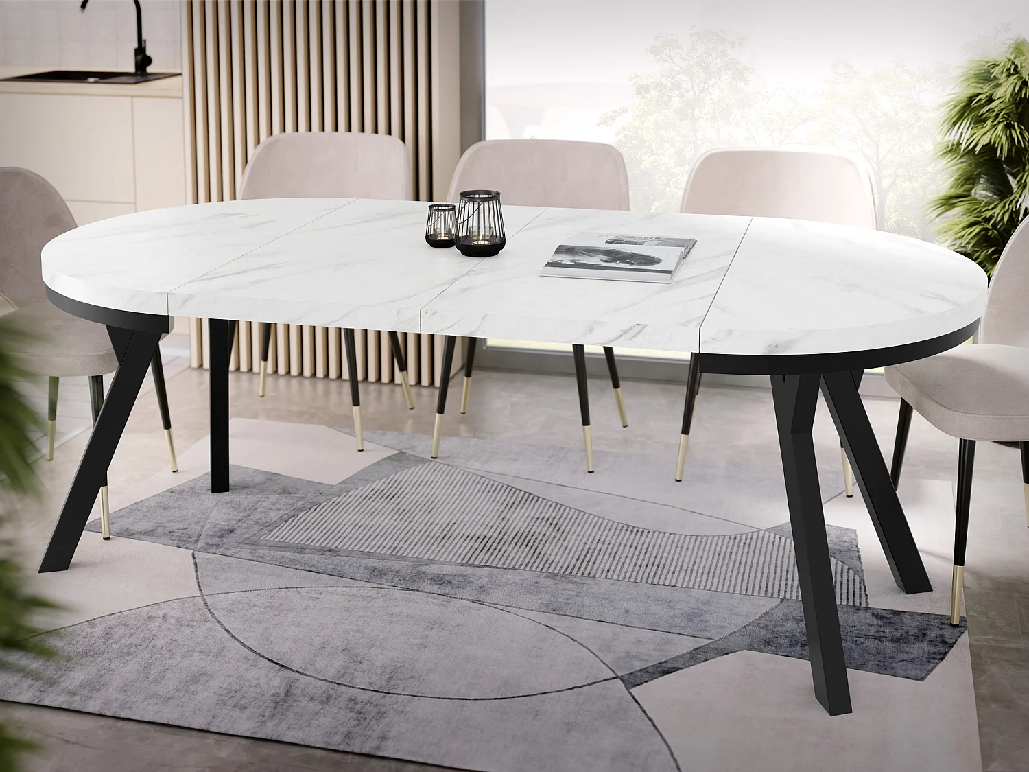 Table à Manger Ronde Extensible Designer - Style Loft, Peu Encombrant -  Pieds Noirs - 100 à 200 cm - Pour 5-10 personnes - Fabriqué en UE - Marbre Blanc - 200 cm