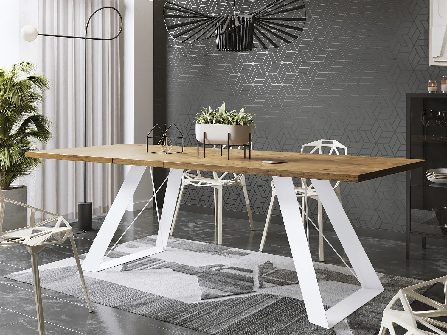 Table à Manger Rectangulaire Extensible avec Cadre Métallique Noir – Table Économiseuse d'Espace Style Loft pour Salon – Chêne Lancelot avec Pieds Métalliques No...