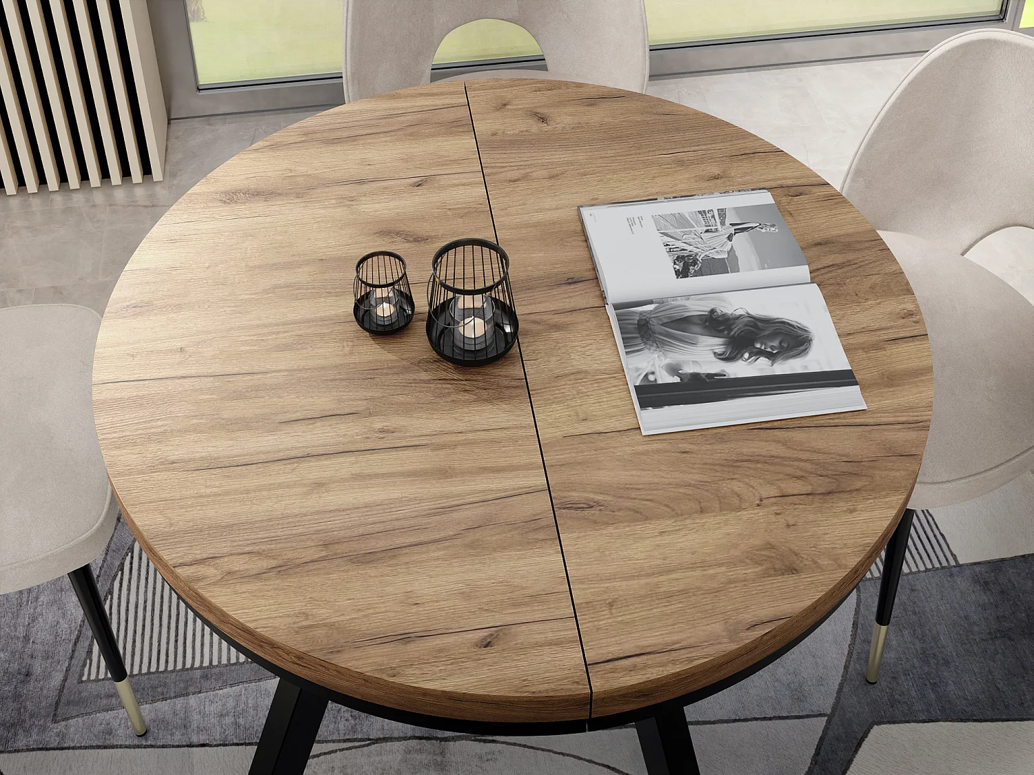 Table à Manger Extensible Ronde Designer - Style Loft, Peu Encombrant - Pieds Blanc - 100 à 200 cm - pour 5-10 personnes - Fabriqué en UE - Chêne Wotan - 200 cm