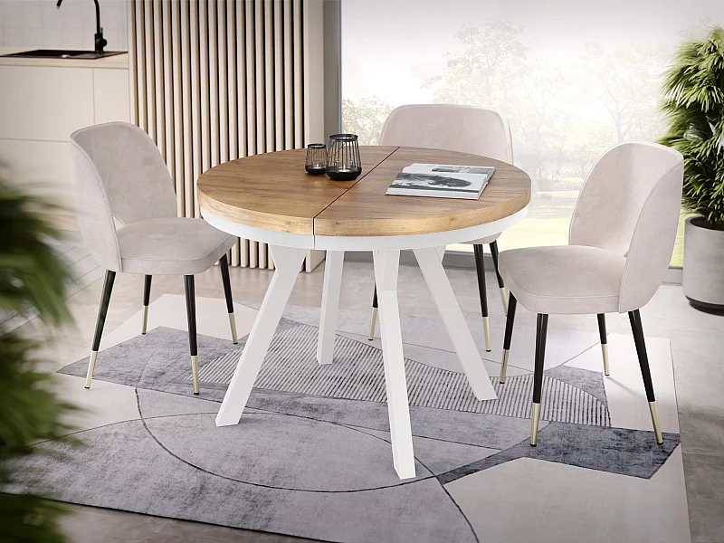 Table à Manger Extensible Ronde Designer - Style Loft, Peu Encombrant - Pieds Blanc - 100 à 200 cm - pour 5-10 personnes - Fabriqué en UE - Chêne Wotan - 200 cm