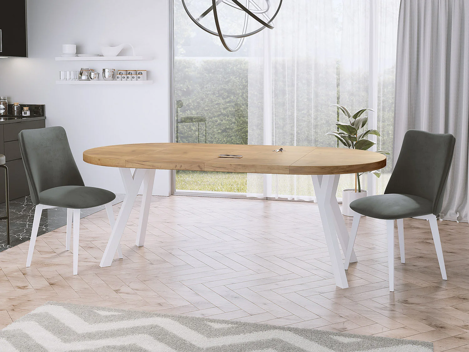 Table à Manger Extensible Ronde Designer - Style Loft, Peu Encombrant - Pieds Blanc - 100 à 200 cm - pour 5-10 personnes - Fabriqué en UE - Chêne Wotan - 200 cm