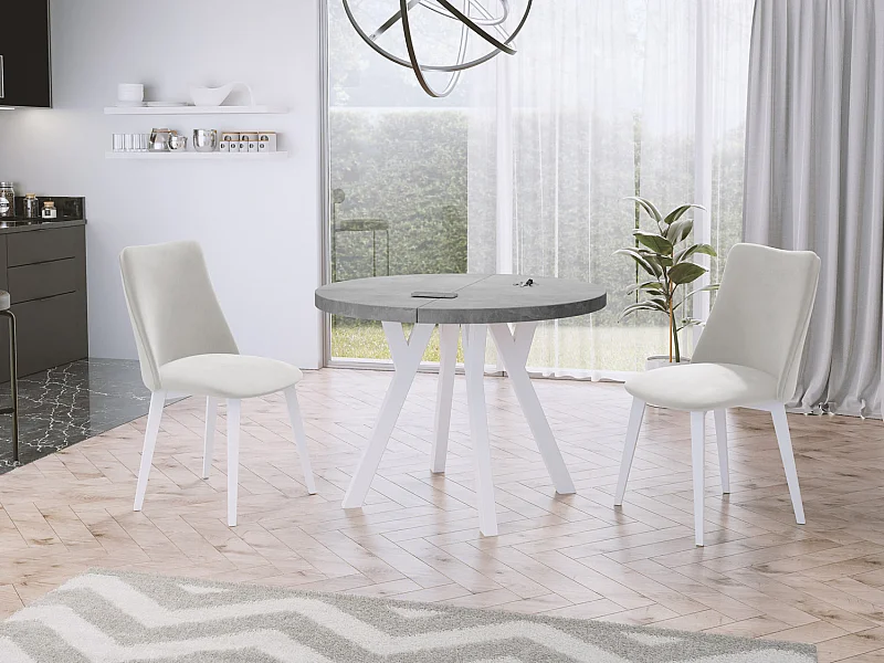 Table à Manger Extensible Ronde Designer - Style Loft, Peu Encombrant - Pieds Blanc - 100 à 150 cm - pour 5-8 personnes - Fabriqué en UE - Gris Béton - 150 cm