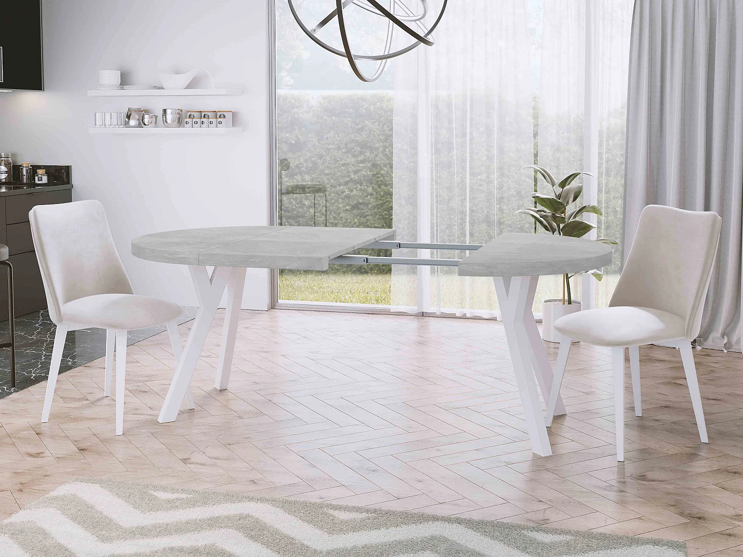 Table à Manger Extensible Ronde Designer - Style Loft, Peu Encombrant - Pieds Blanc - 100 à 150 cm - pour 5-8 personnes - Fabriqué en UE - Gris Béton - 150 cm