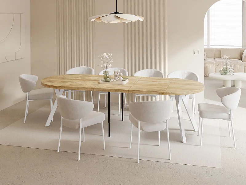 Table à Manger Ronde Extensible XXL Style Loft – 100 à 250cm – Grande Table avec Pieds en Bois Blanc – Table Extra Longue pour 5 à 14 Personnes – Chêne Marron Clair