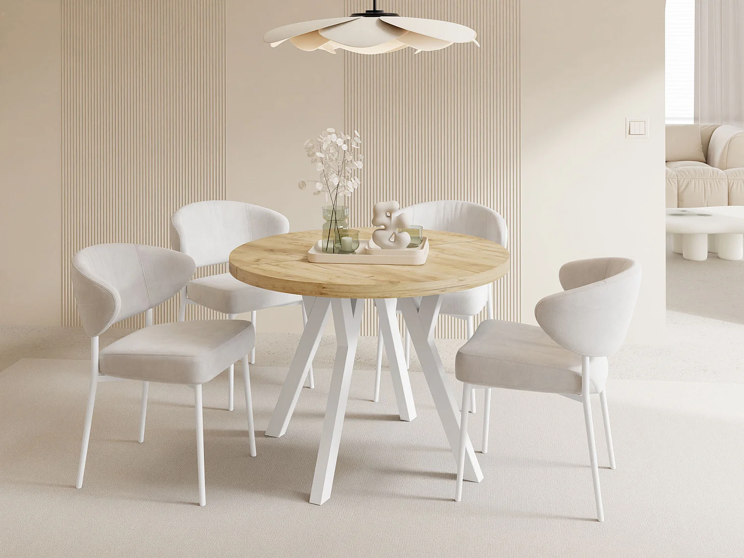 Table à Manger Ronde Extensible XXL Style Loft – 100 à 250cm – Grande Table avec Pieds en Bois Blanc – Table Extra Longue pour 5 à 14 Personnes – Chêne Marron Clair
