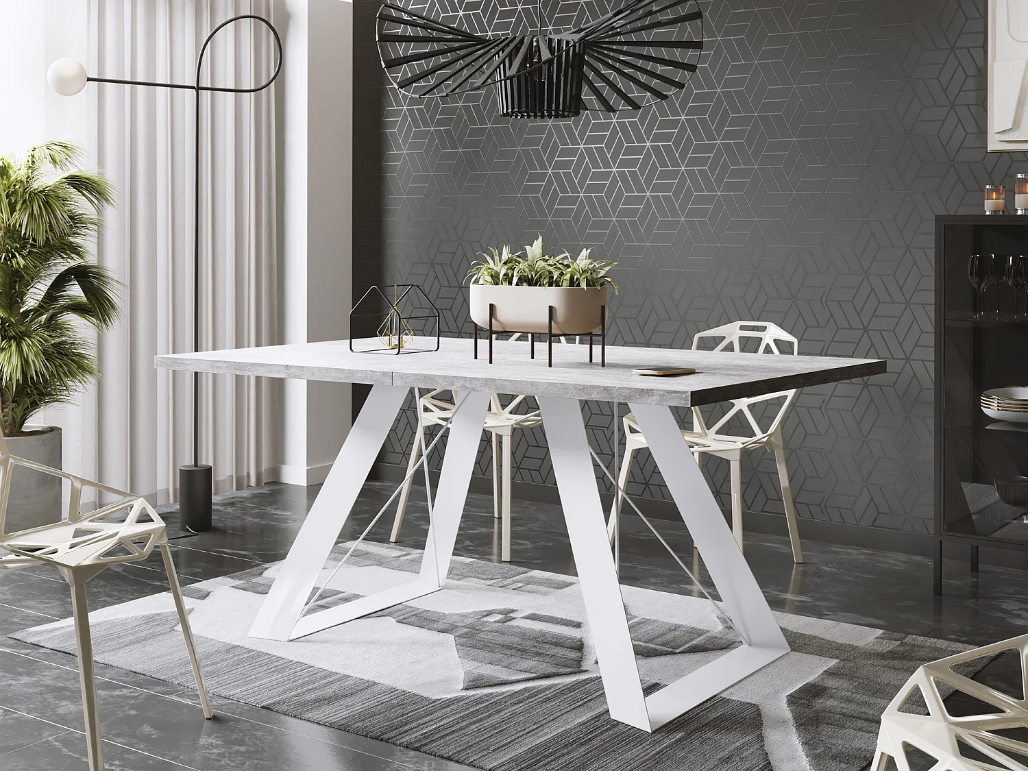 Table à Manger Rectangulaire Extensible avec Cadre Métallique Noir – Table Économiseuse d'Espace Style Loft pour Salon – Blanc avec Pieds Métalliques Noirs – 160...