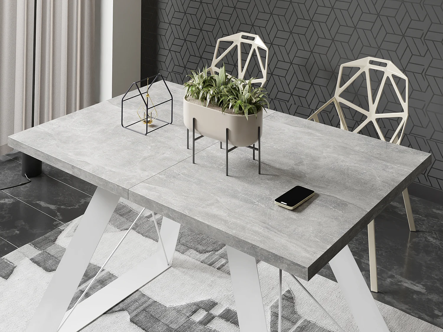 Table à Manger Rectangulaire Extensible avec Cadre Métallique Noir – Table Économiseuse d'Espace Style Loft pour Salon – Blanc avec Pieds Métalliques Noirs – 160...