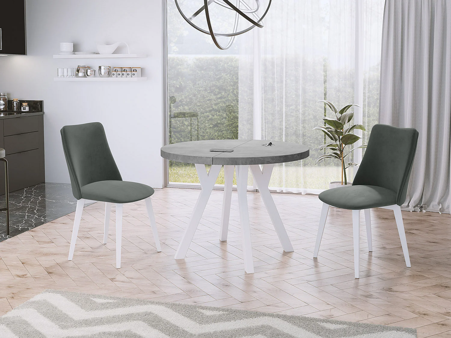 Table à Manger Extensible Ronde Designer - Style Loft, Peu Encombrant - Pieds Blanc - 90 à 170 cm - pour 4-8 personnes - Fabriqué en UE - Gris Béton - 170 cm