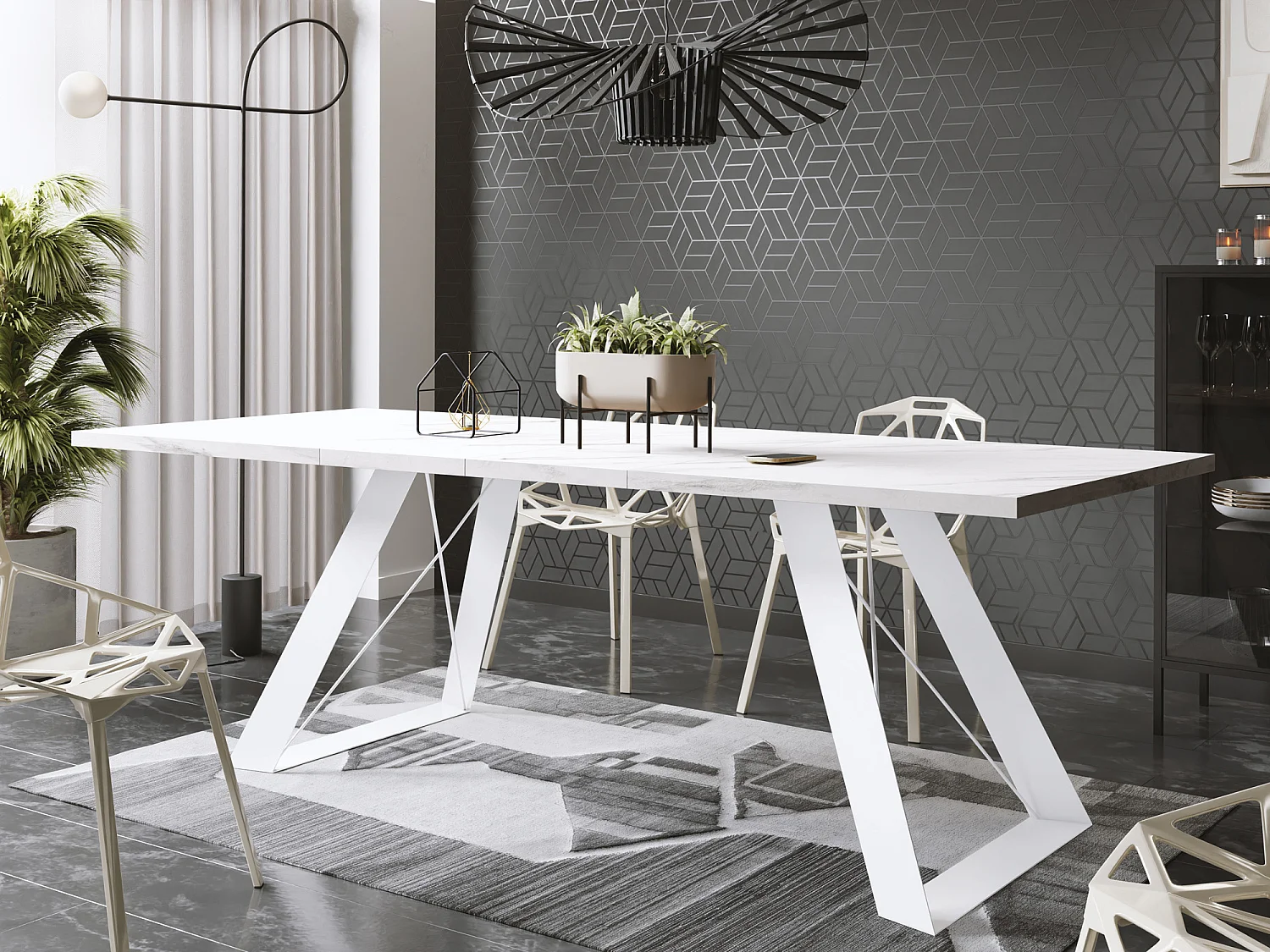 Table à Manger Rectangulaire Extensible avec Cadre Métallique Noir – Table Économiseuse d'Espace Style Loft pour Salon – Blanc avec Pieds Métalliques Noirs – 160...