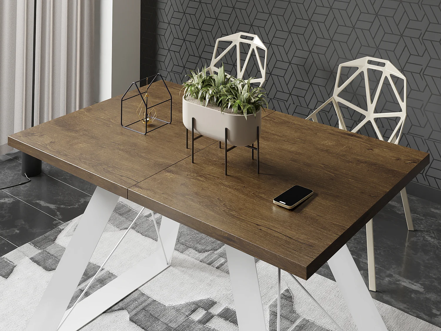 Table à Manger Rectangulaire Extensible avec Cadre Métallique Noir – Table Économiseuse d'Espace Style Loft pour Salon – Chêne Lefkas avec Pieds Métalliques Noir...