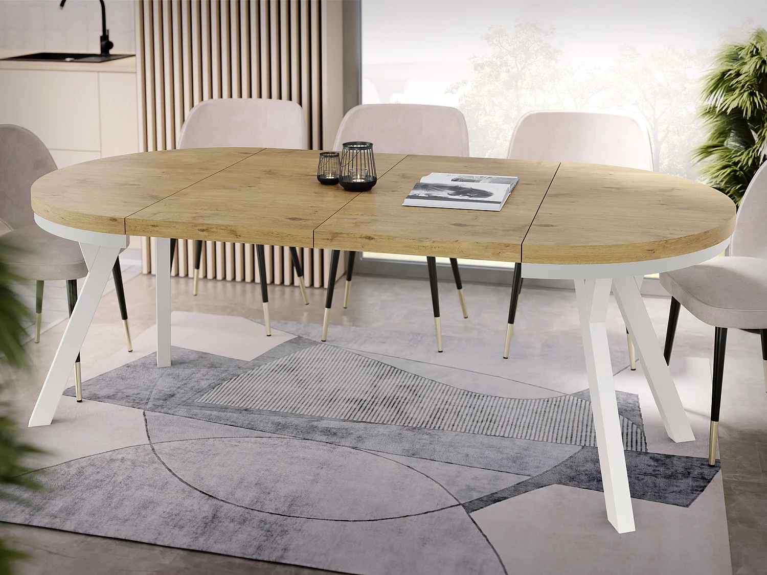 Table à Manger Extensible Ronde Designer - Style Loft, Peu Encombrant - Pieds Blanc - 90 à 170 cm - pour 4-8 personnes - Fabriqué en UE - Chêne Lancelot - 170 cm