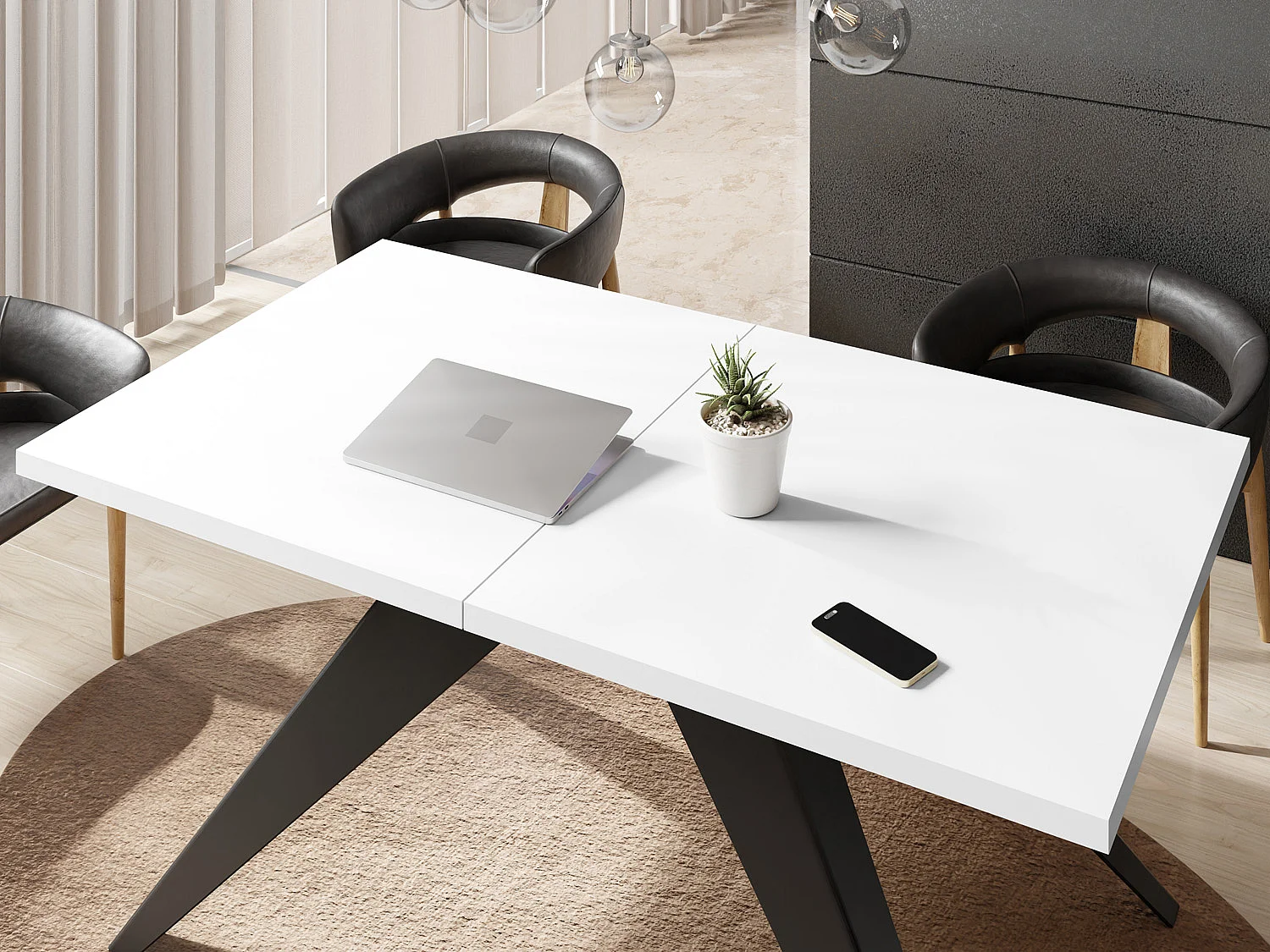 Table à Manger Vance Style Moderne - Table Rectangulaire Extensible de 140 à 240 cm, Pieds en Métal Noir Revêtement Poudre - 140 x 80 cm - Blanc