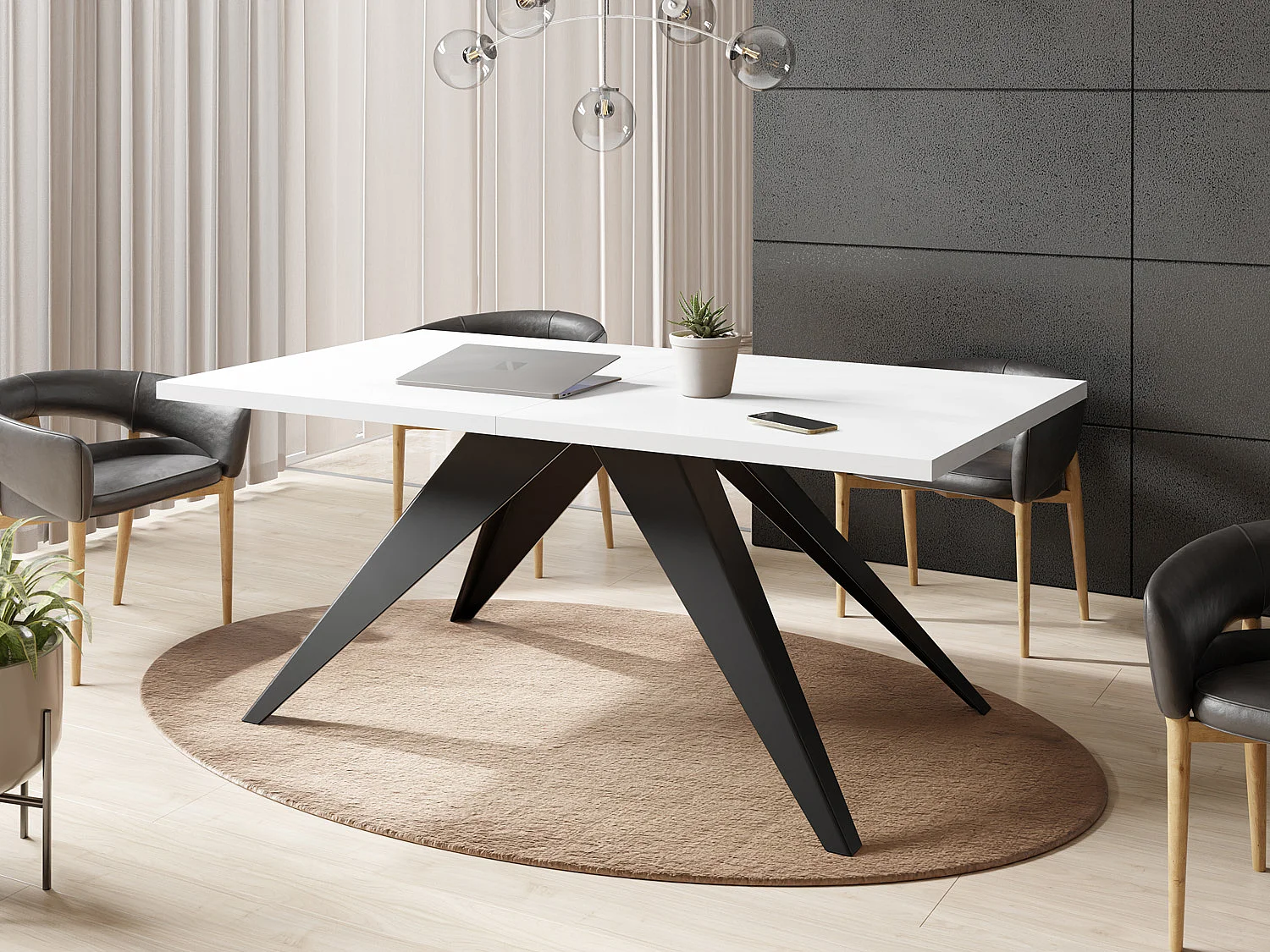 Table à Manger Vance Style Moderne - Table Rectangulaire Extensible de 140 à 240 cm, Pieds en Métal Noir Revêtement Poudre - 140 x 80 cm - Blanc