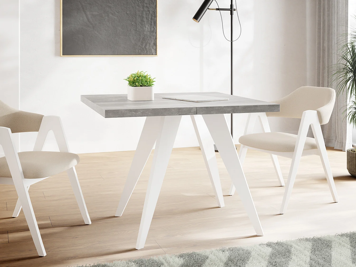 Table à Manger Carrée Extensible Quadro 100-200 cm - Table de Salle à Manger Industrielle avec Pieds Blancs pour 4-8 Personnes - Style Loft - Beton Gris