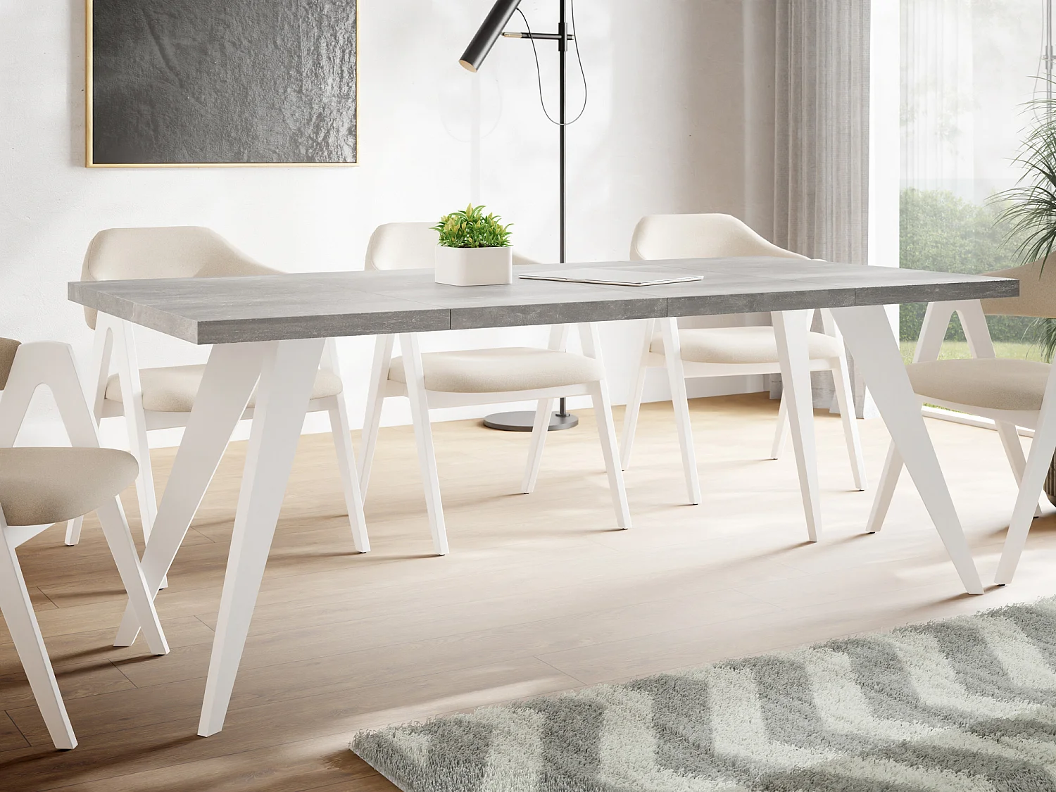 Table à Manger Carrée Extensible Quadro 100-200 cm - Table de Salle à Manger Industrielle avec Pieds Blancs pour 4-8 Personnes - Style Loft - Beton Gris