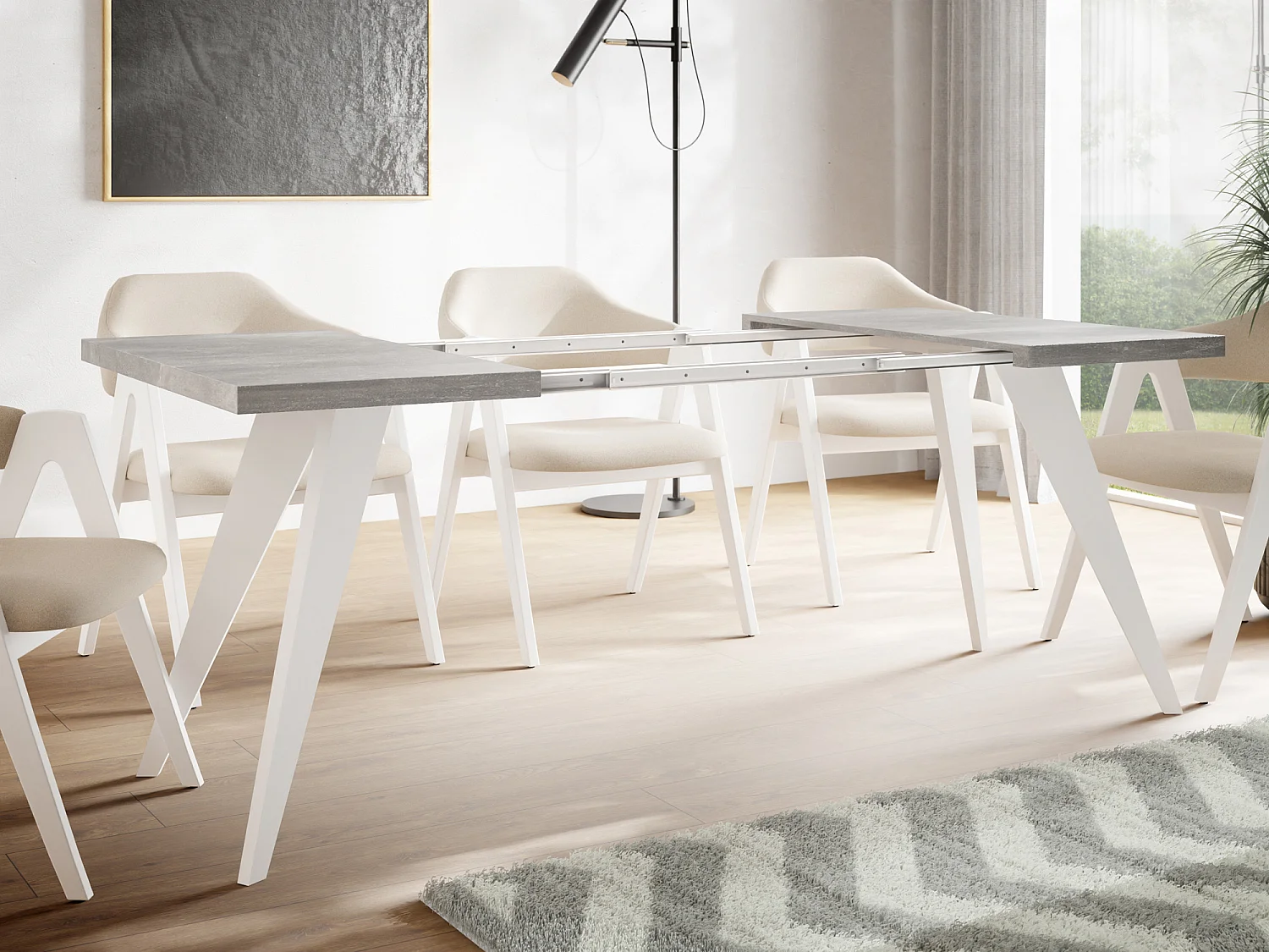 Table à Manger Carrée Extensible Quadro 100-200 cm - Table de Salle à Manger Industrielle avec Pieds Blancs pour 4-8 Personnes - Style Loft - Beton Gris