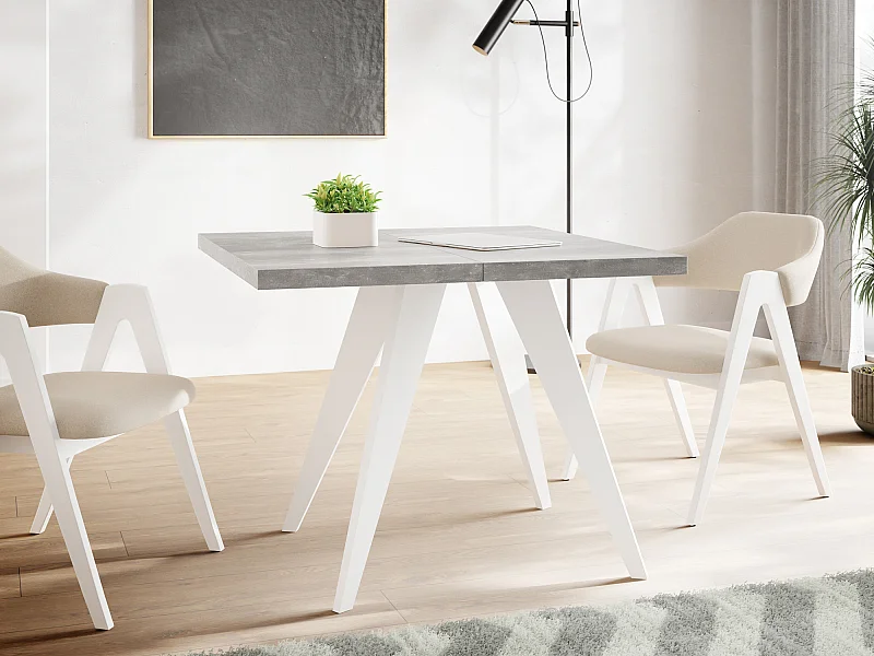 Table à Manger Carrée Extensible Quadro 100-200 cm - Table de Salle à Manger Industrielle avec Pieds Blancs pour 4-8 Personnes - Style Loft - Beton Gris