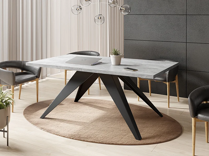 Table à Manger Vance Style Moderne - Table Rectangulaire Extensible de 160 à 260 cm, Pieds en Métal Noir Revêtement Poudre - 160 x 90 cm - Béton Gris